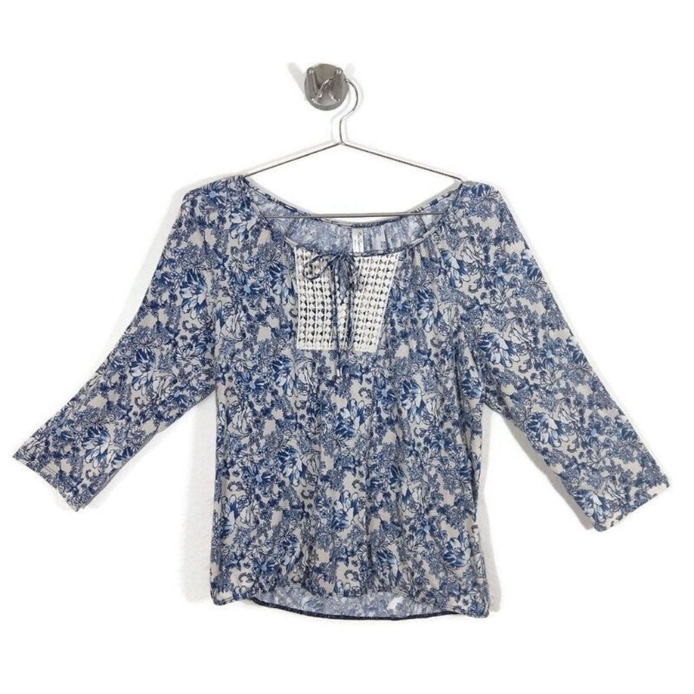 Per Seption Women's Floral Blouse 3/4 Sleeve Crochet Lace Tie Blue/White Size L